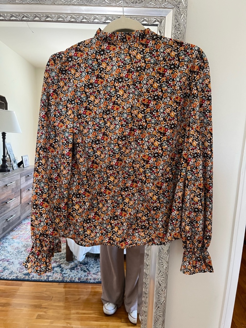 SHEIN Black Floral Mock-Neck Long Sleeve Blouse